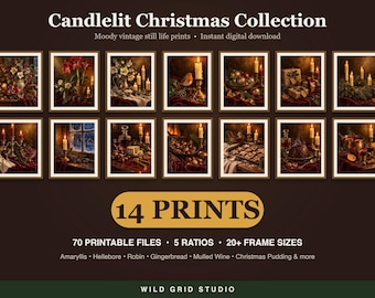 May include: A collection of 14 digital art prints titled Candlelit Christmas Collection, featuring moody still life scenes of candles, flowers, holiday food, and festive decorations. The set includes 70 printable files across 5 ratios and 20+ frame sizes, showcasing imagery of amaryllis, hellebore, robins, gingerbread, mulled wine, and Christmas pudding.