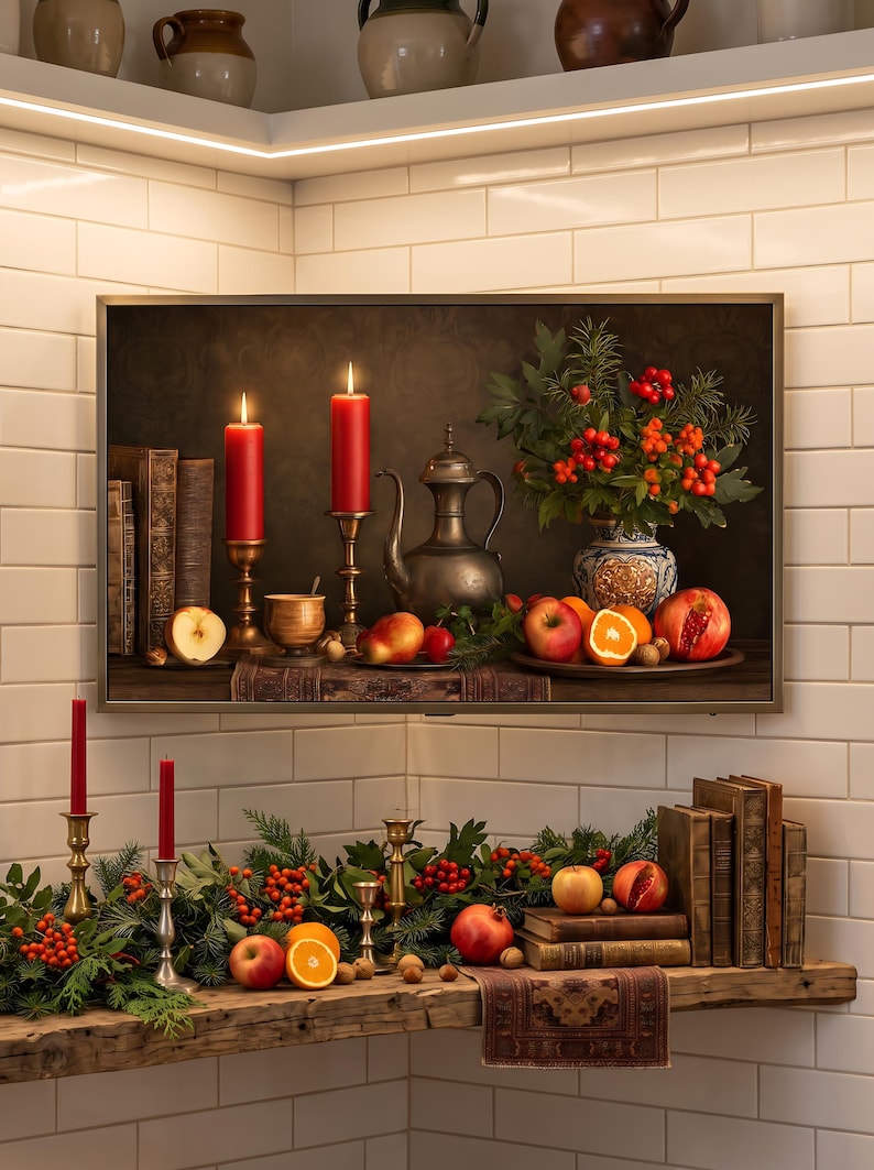 Moody pomegranate and candle still life Christmas TV art