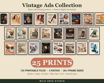 May include: A collection of 25 vintage advertising posters featuring retro imagery of electronics, appliances, and lifestyle products. The digital download includes 125 printable files across 5 ratios and 20 frame sizes, labelled as Vintage Ads Collection and Wild Grid Studio.