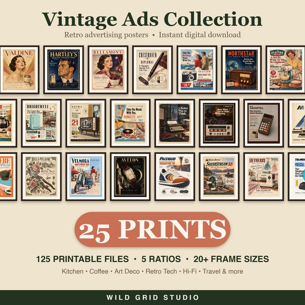 Vintage Ads bundle of 25 printable art designs