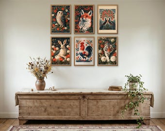 Folk Art Bundle of 30, William Morris Style Prints, Cottagecore Wall Art Gallery Set