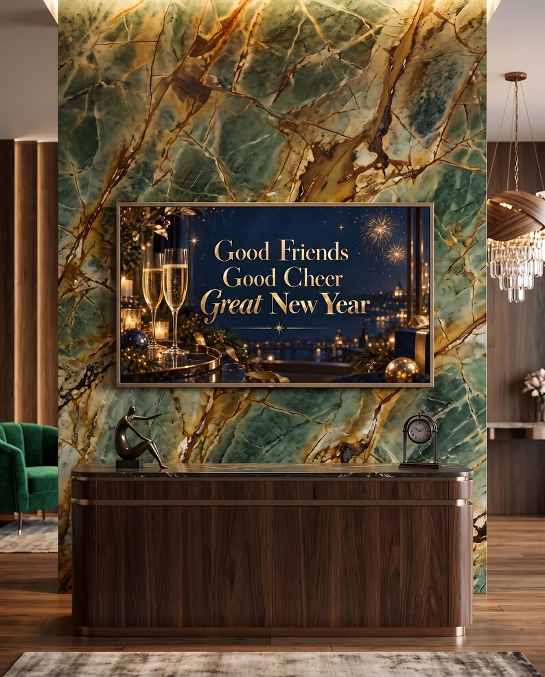 Gold and navy champagne toast New Year TV art