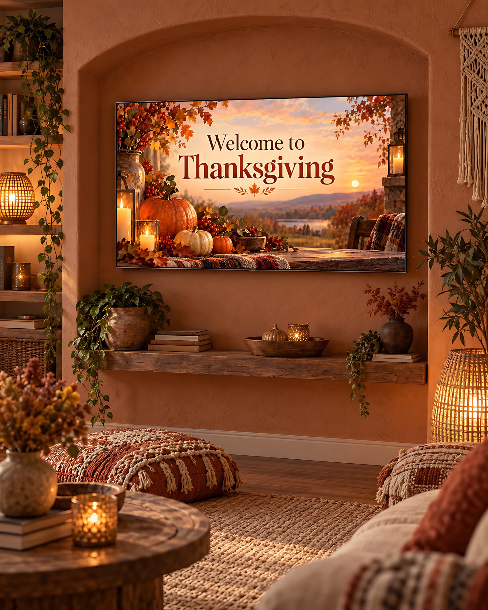 Thanksgiving digital art on a TV in a warm living room