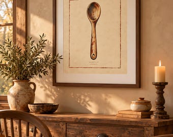May include: A framed wall art print featuring a centred illustration of a wooden spoon on a textured beige background with a dark red border. The text "OBJECT 01" is printed in small black letters directly below the spoon illustration.