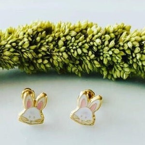 Brincos de coelho de ouro 10k, brincos de ouro para bebês, tachas de coelho, brincos de coelho com parafusos, presente para meninas