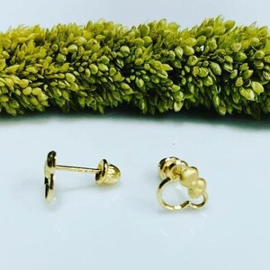 May include: A pair of gold-colored stud earrings. One earring features a heart shape with three small circles, while the other earring is a simple, solid heart shape.