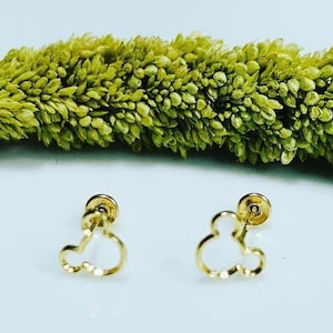 10k gold mickey mouse inspired earrings, disney gold earrings, mickey mouse inspired silhouette studs, screw backs mickey mouse earrings