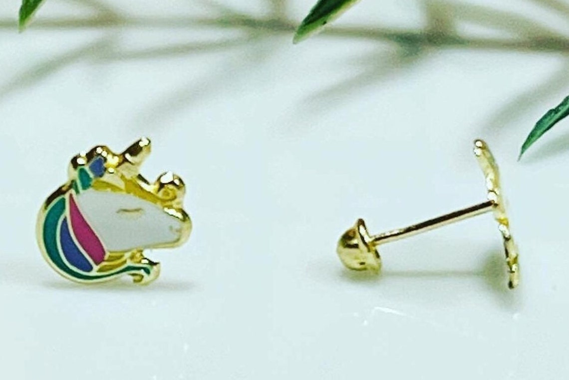 10k Gold Unicorn Earrings,baby Gold Earrings,unicorn Studs for Kids