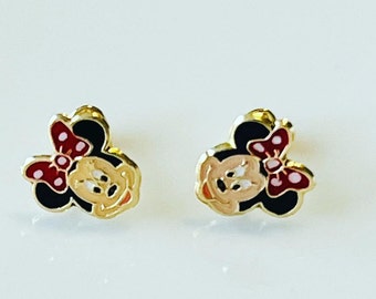 10k gold minnie inspired earrings, gold earrings, minnie  inspired studs earrings, screw backs minnie earrings girls, minnie mouse earrings,