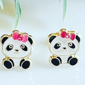 10k Gold Panda Earrings: Screw Back Studs for Girls