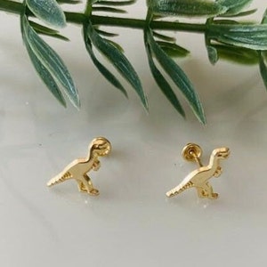 10k gold dinosaur earrings, dinosaur gold earrings, dinosaur studs for kids, screw backs dinosaur earrings, gift for girls