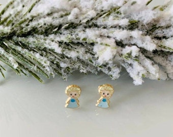 Pendientes de oro de 10k inspirados en Elsa, pendientes de oro para niñas, pendientes de botón inspirados en Elsa para niños, pendientes Disney con cierre de rosca, pendientes inspirados en princesas