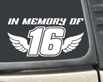 In Memory Of 16 with Angel Wings 7" X 3.5" White Vinyl Transfer Decal Sticker for Car, Truck, RV, Boat, etc