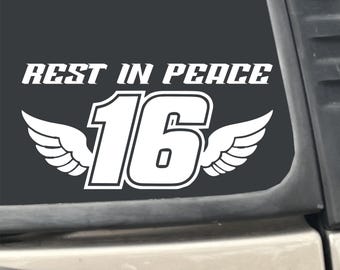 Rest In Peace 16 with Angel Wings 7" X 3.5" White Vinyl Transfer Decal Sticker for Car, Truck, RV, Boat, etc