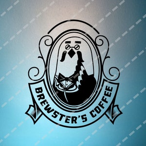 May include: Black and white logo of a penguin wearing a bow tie and glasses, with the text "Brewster's Coffee" around the outside.