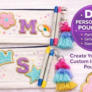 DIY Canvas Pencil Pouch Kit – Girls Birthday Party Craft, Canvas Zipper Bag with Chenille Patches & Fabric Markers image 2
