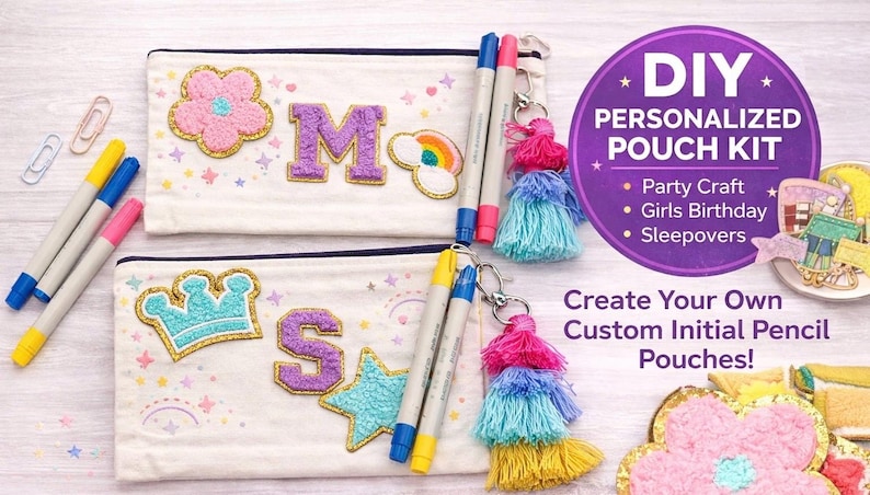 DIY Canvas Pencil Pouch Kit – Girls Birthday Party Craft, Canvas Zipper Bag with Chenille Patches & Fabric Markers image 2