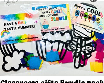 May include: A classroom craft kit with three different suncatcher designs: a rainbow, a cupcake, and an ice cream cone. Each design is printed on black cardstock and comes with colorful tissue paper squares for creating the suncatchers. The kit includes instructions for creating each suncatcher.