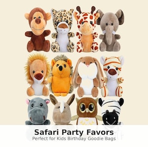 May include: A collection of twelve plush safari animal toys, including a monkey, leopard, giraffe, elephant, lion, hedgehog, bunny, tiger, hippo, rhino, owl, and zebra. The toys are in various colors and sizes, perfect for party favors.