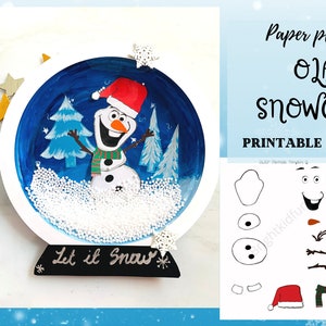 Puede incluir: Plantilla imprimible de globo de nieve de Olaf de plato de papel. La plantilla incluye un contorno de globo de nieve, la cara de Olaf y otros detalles como árboles, un sombrero y palos. El texto "Let it Snow" está escrito en la base del globo de nieve.