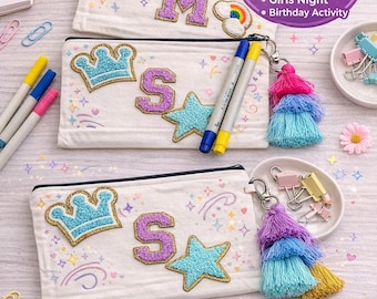 DIY  Canvas Pencil Pouch Kit – Girls Birthday Party Craft,  Canvas Zipper Bag with Chenille Patches & Fabric Markers