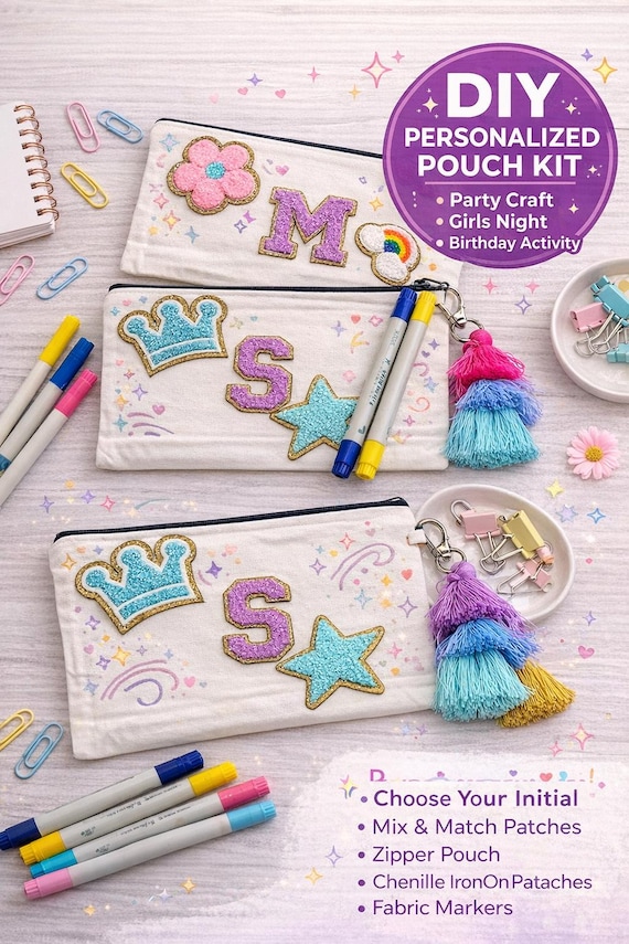 DIY  Canvas Pencil Pouch Kit – Girls Birthday Party Craft,  Canvas Zipper Bag with Chenille Patches & Fabric Markers
