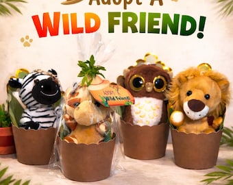 Adopt a Wild Friend Party Favor | Safari Birthday Favors | Jungle Theme Goodie Bags | Kids Plush Animal Gift | Zoo Party Favor | Personalize