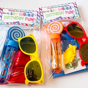 May include: Two clear plastic bags filled with party favors. Each bag has a tag that says "Thanks for bouncing by for my sun-sational birthday fun!" One bag contains a red inflatable pool float, a pair of yellow sunglasses, a blue bubble wand, and a bottle of bubbles. The other bag contains a blue inflatable pool float, a pair of red sunglasses, a yellow rubber duck, a bottle of bubbles, and a sticker of a turtle.