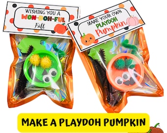 May include: Two orange cellophane bags with craft supplies for making a playdough pumpkin. The bags have printable tags that say "Wishing you a Won-Doh-Ful Fall" and "Make Your Own Playdoh Pumpkin".