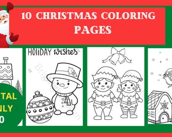 Op de afbeelding: Een digitale download van 10 kerstkleurplaten. De pagina's bevatten feestelijke illustraties van een sneeuwpop, elfen, de kerstman in een slee en een versierd huis. De tekst "10 kerstkleurplaten" wordt in het rood weergegeven, met een groene rand.
