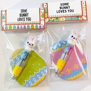 May include: Two Easter-themed gift bags with a white bunny pen and a colorful egg-shaped card. The card says "Some Bunny Loves You".