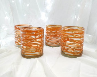 Short orange blown glass glasses set