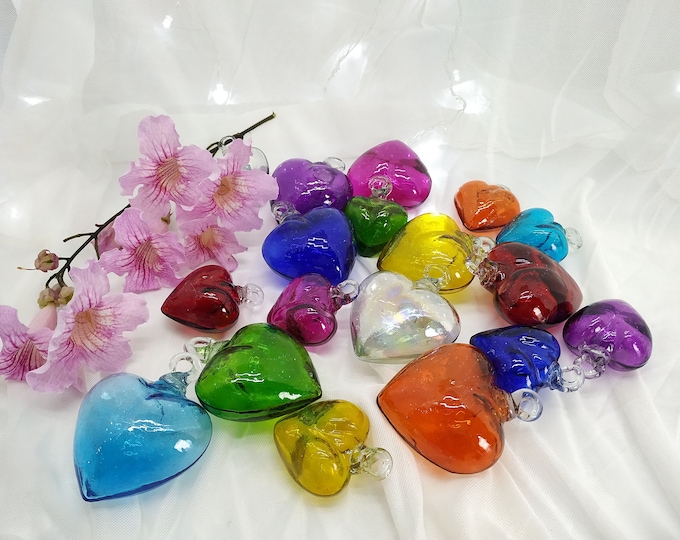 Featured listing image: Set of 18 blown glass hearts. Made in Mexico