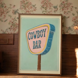 Cowboy Bar, stampa artistica retrò pastello carina - poster di ispirazione vintage per l'arredamento della casa