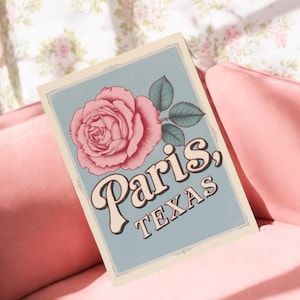 Stampa artistica di Parigi, Texas - Poster di rosa rosa - Decorazione di ispirazione vintage, poster retrò
