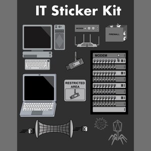 Op de afbeelding: Een IT-stickerkit met diverse computergerelateerde afbeeldingen. Bevat een computer, laptop, toetsenbord, modem, firewall, router, beveiligingscamera en een "Restricted Area"-bord. Bevat ook abstracte virusillustraties.