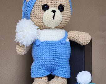 Handmade Crochet Teddy Bear | Blue Overalls, Nursery Decor
