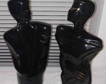 Vtg Art Deco MCM Man Woman Statue Set Black Torso Bust