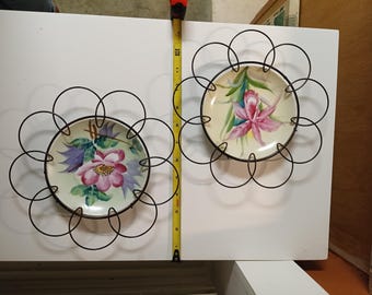 Vintage Hand Painted Porcelain Plates Flowers Metal Edging