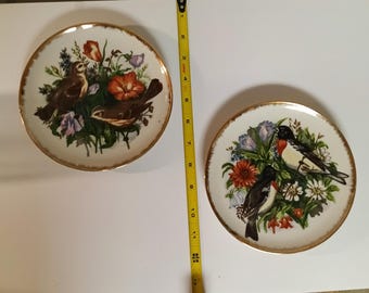 Vintage Gold Trimmed Porcelain Plates Sparrows Flowers Country Charm
