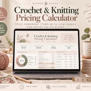 May include: A laptop screen displaying a Crochet & Knitting Pricing Calculator spreadsheet with columns for total cost, suggested price, profit, and profit margin. The interface includes a cost breakdown pie chart and a product list table.