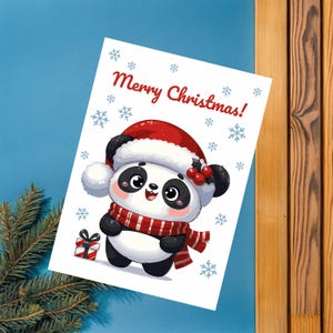 Modelo de cartão de Natal para impressão, Panda fofo com chapéu de Natal Download instantâneo