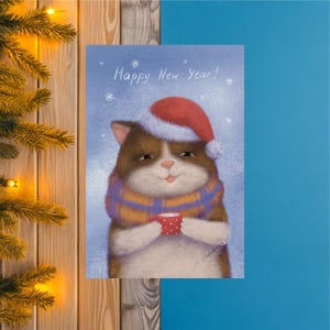 Postal digital Lindo gato con gorro navideño y vaso de leche, saludo de Año Nuevo, 10 x 15 cm (4 x 6 pulgadas) JPEG