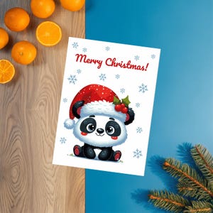 Weihnachtsgrußkarte Vorlage zum Drucken, Panda in einer Weihnachtsmütze Sofort Download