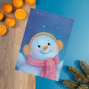Adorable póster digital de un alegre muñeco de nieve en tamaño A4 (21 x 30 cm) como archivos JPEG y PNG de alta calidad