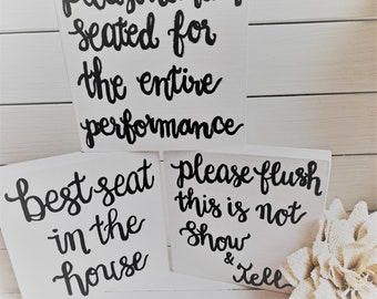 Funny Hand-Painted Bathroom Sign: White & Black Vanity Decor
