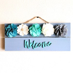 Burlap Flower Welcome Sign Pallet in Aqua, Teal and Gray