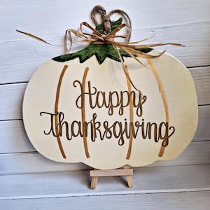 Happy Thanksgiving Sign, Pumpkin Door Hanger, Wreath Attachment, Hand Painted, Wooden