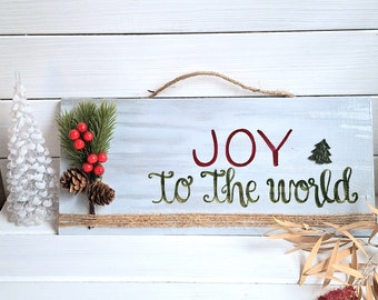 Hand Painted Christmas Sign: Joy To The World Wooden Door Hanger