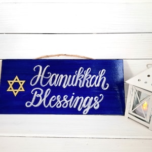 Hanukkah Sign, Hanukkah Blessings, Door Hanger, Wall Decor, Hand Painted, Wooden